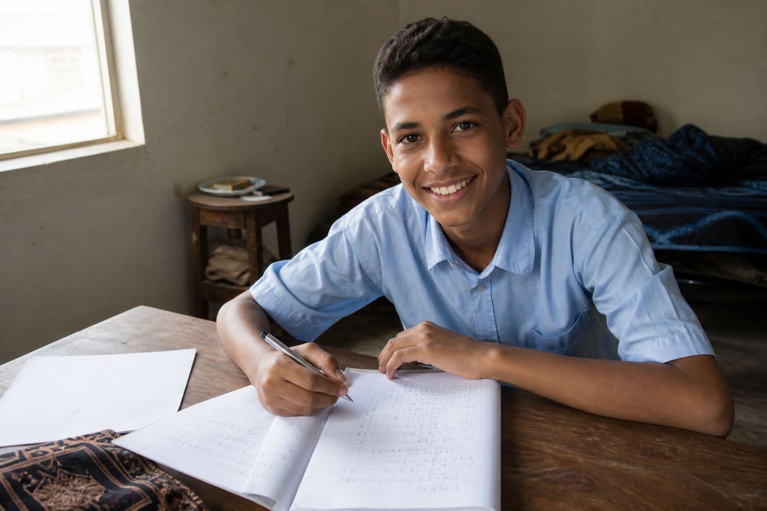 Élève mauritanien concentrée sur ses exercices de mathématiques à la maison